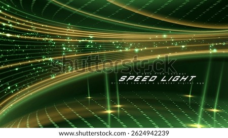 Futuristic technology background with golden dot glowing elements and green speed lights. Hi-tech high speed motion vector illustration design.