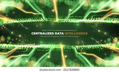 Futuristic technology background with green glowing dot particles and golden neon lines, high speed digital data transmission backdrop design concept. Vector illustration.