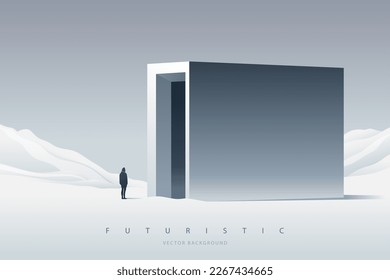 Futuristic technology background with a lonely figure. Sci-Fi poster. Minimal mountain landscape.  Abstract art wallpaper for web, prints, art decoration and applications. Vector illustration