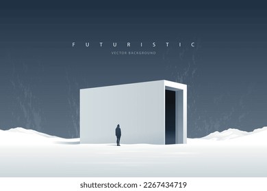 Futuristic technology background with a lonely figure. Sci-Fi poster. Minimal mountain landscape.  Abstract art wallpaper for web, prints, art decoration and applications. Vector illustration