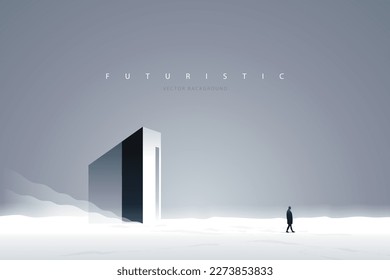 Fondo de tecnología futurista con una figura solitaria. Afiche de ciencia ficción. Un paisaje montañoso mínimo.  Resumen de fondo artístico para web, impresiones, decoración artística y aplicaciones. Ilustración del vector