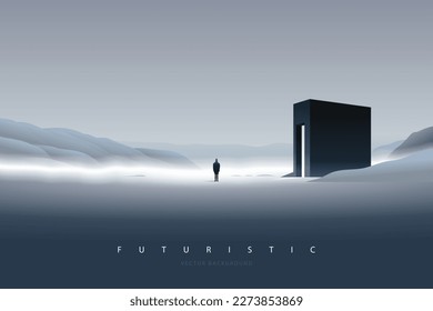 Futuristic technology background with a lonely figure. Sci-Fi poster. Minimal mountain landscape.  Abstract art wallpaper for web, prints, art decoration and applications. Vector illustration