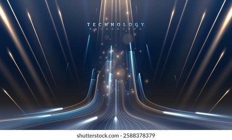 Futuristic technology background with moving blue beams and golden glow effect.