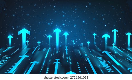 Fondo de tecnología futurista con flechas azules de neón que se mueven hacia arriba que simbolizan la estrategia corporativa exitosa, las ganancias financieras y la innovación digital