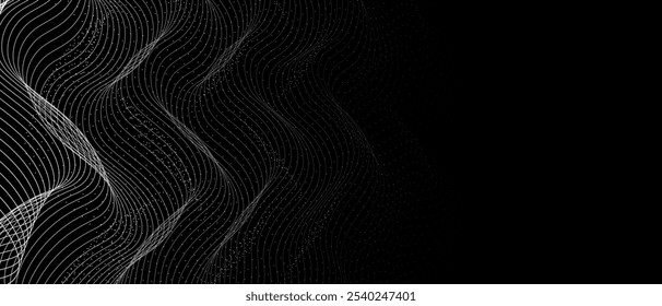 Fondo de tecnología futurista con líneas de onda de partículas sobre fondo negro