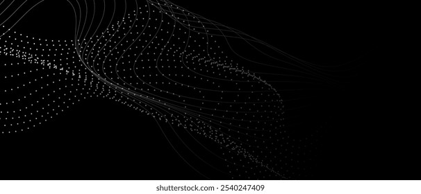 Futuristic technology background with particle wave lines on black background