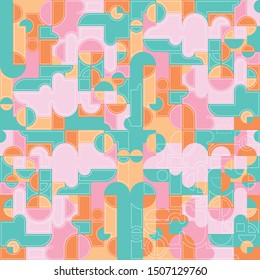 futuristic and technology background and pattern in colorful pastel green, orange and pink, with connected circles and curved shapes for fashion, fabric, textile, wallpaper, backgrounds and backdrops.
