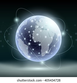 Futuristic technology background. Planet earth and satellite communications. Digital TV and Internet. Stock vector illustration.