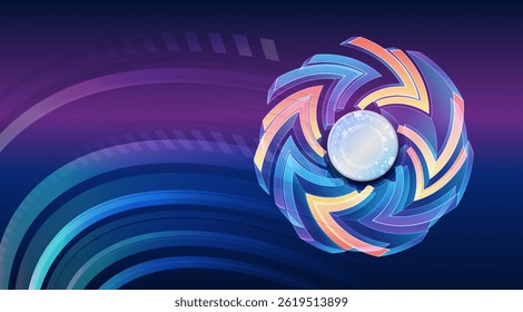 Futuristic technology background with a rotating circular structure consisting of colorful arrows and digital elements. Ideal for technology, business, digital solutions and futuristic concepts.