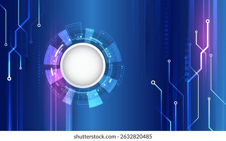 Futuristic technology background with a round digital panel and light stripes on a blue background. Ideal for high technology, innovation and digital solutions. Cybersecurity presentations