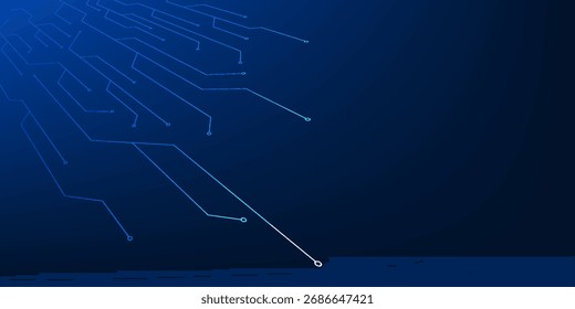 Fundo de tecnologia futurista mostrando linhas de circuito brilhantes conectando-se rapidamente e expandindo-se para frente, representando inovação, progresso digital e evolução tecnológica contínua
