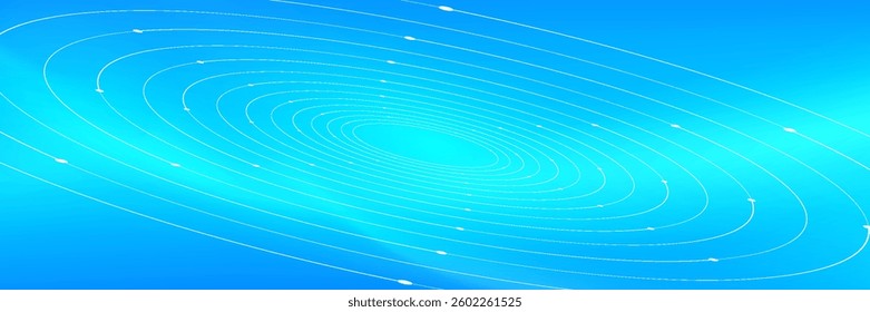 Futuristic technology background with white circle circuit wires on light blue motherboard. AI chip or semiconductor concept.