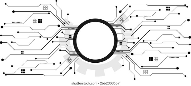 Futuristic technology background with white circle circuit wires on light blue motherboard.