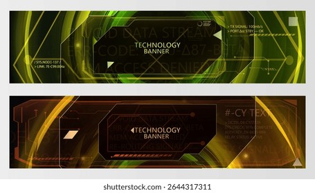 Futuristic technology banners with bright lines, light contours and digital texts. Suitable for sci-fi interfaces, cyber design and covers. Vector