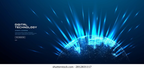Futuristic technology blue globe with glowing digital light beams. Global network connection concept. Modern data flow tech background. Earth map in blue tech on dark bg. Vector illustration.