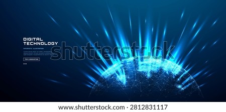 Futuristic technology blue globe with glowing digital light beams. Global network connection concept. Modern data flow tech background. Earth map in blue tech on dark bg. Vector illustration.