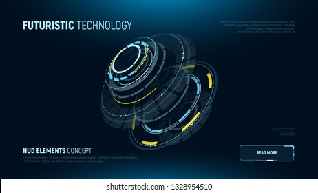 Futuristic technology concept. 3d circular hud element. AI. VR. Infographics of big data. Sci-fi system security. Business tech. Web banner template. Vector illustration.