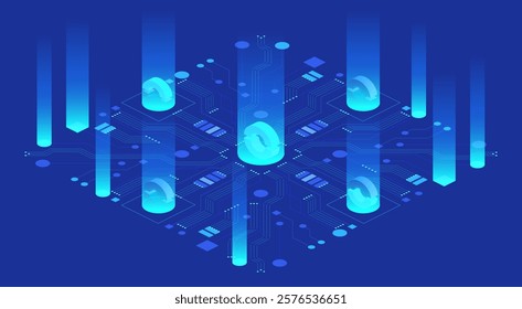 Futuristic technology concept with a blue color scheme. Isometric illustration of a server room with many connected devices. Perfect for tech blogs, articles, and presentations. 