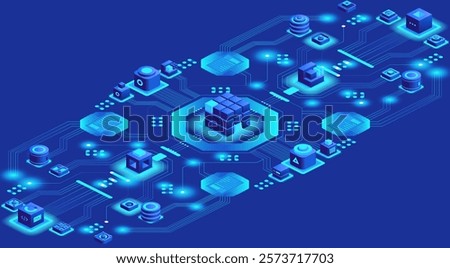 Futuristic technology concept with a blue color scheme. Isometric illustration of a server room with many connected devices. Perfect for tech blogs, articles, and presentations.