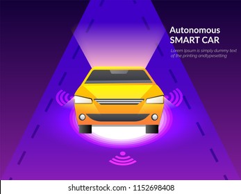 Futuristic technology concept with illustration of smart car on road between digital rays on purple background.