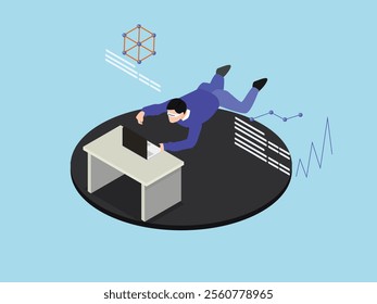 Futuristic Technology Concept - Man Immersed in Virtual World with Data Visualization 3d isometric vector illustration