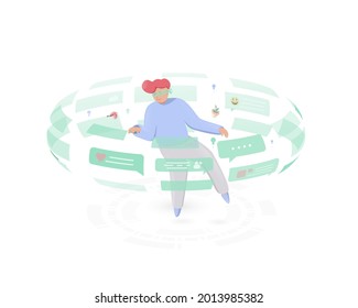 Concepto de tecnología futurista. Los hombres utilizan la tecnología de futuros elementos hud para discutir las redes sociales, noticias, chat, burbujas de discursos de diálogo. Ilustración del vector