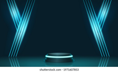Futuristic technology cylinder podium for product display like gadget, device, smartphone, laptop, etc. Blue neon lamp pedestal in dark background