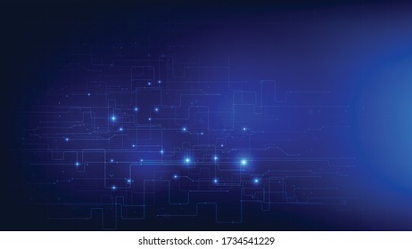 Fondo azul oscuro futurista y tecnológico, flecha de línea y elemento de puntero para el concepto de cibertecnología de comunicación e innovación, con elemento de engranaje de flecha de línea, ilustración vectorial