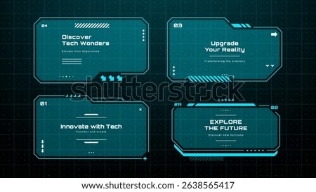 Futuristic technology design. Four blue HUD frames for digital interface display. Virtual reality concept for business presentation or game development. Vector graphics. 
