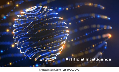 Futuristic technology digital artificial intelligence background. Blue glow with light neon yellow particle motion. machine deep ai learning process. Vector illustration.