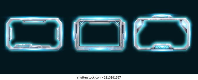 Futuristic technology game frame, abstract spaceship steel screen kit, vector metal HUD menu panel set. UI cyberpunk monitor display, electronic interface element, neon lights. Futuristic glow frames