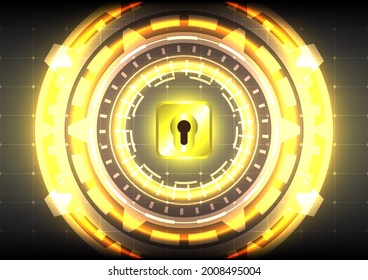 Futuristic technology gear HUD circle. Protect and security of safe mechanism innovation concept. Abstract hi-tech background. Golden circuit locked interface on mesh screen. Digital infographic