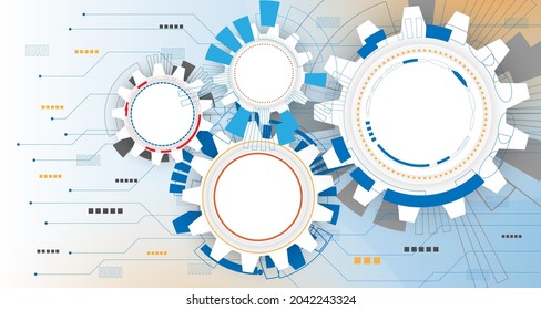 tecnología futurista, rueda de engranajes en la placa de circuito fondo blanco azul. Ilustración concepto de alta tecnología, ingeniería, telecomunicaciones digitales. Con espacio para el contenido. EP.3.Concepto de comunicación de alta tecnología 