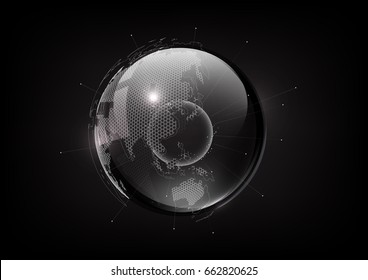 Futuristic technology globe glass sphere in hologram globalization concept, world map hexagon pattern transparent for digital graphic element, vector illustration