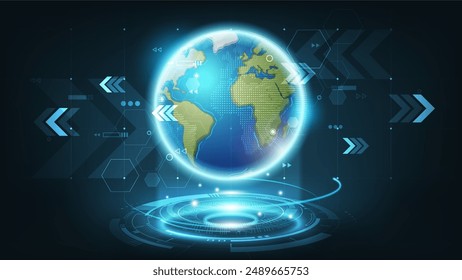 Futuristic technology globe in hologram globalization concept, Digital world graphic element, vector illustration
