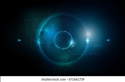 Futuristic Technology Globe In Hologram Globalization Concept, World Map Hexagon Pattern Transparent For Digital Graphic Element, Vector Illustration