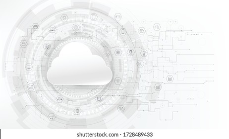 Futuristic And Technology Grey And White Background, Cloud And Internet Of Things Icons For Communication And Innovation Network Concept, With Line Arrow Gear Element, Vector Illustration