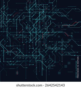 Futuristic Technology Grid Background. Abstract Circuit Blueprint With Dynamic Precision Lines And Microchip Nodes. Ideal For Innovation, AI, Robotics, Engineering Projects. Vector Illustration.