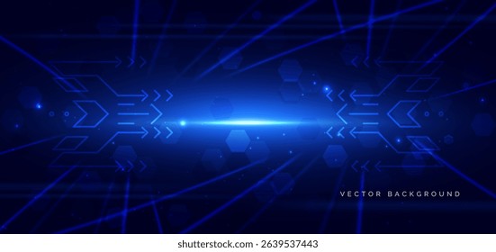 Futuristic technology hexagon and arrow blue with lighting effect sparkle on dark blue background. Vector illustration