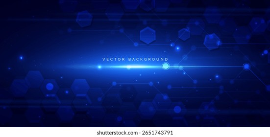 Tecnologia futurista hexágono azul com efeito de iluminação brilho no fundo azul escuro. Ilustração vetorial
