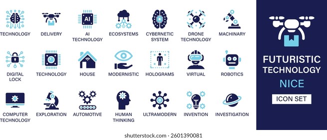 Futuristic technology icon set collection. Technology, delivery, ecosystems, cybernetic, drone, machinery, digital lock, house, virtual and best solid icon set.