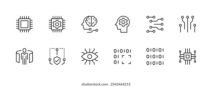 Symbolsatz für futuristische Technologie. Informationstechnologie, automatisiertes System, Robotik, Elektronik, Chipsatz, Simulation, Mikrochip und mehr. Bearbeitbarer Strich. Pixel perfekt. Gitterbasis 32px. 