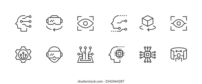 Symbolsatz für futuristische Technologie. Intelligente Technologie, virtuelle Realität, Robotik, Elektronik, Chipsatz, Simulation, Automatisierung und mehr. Bearbeitbarer Strich. Pixel perfekt. Gitterbasis 32px. 