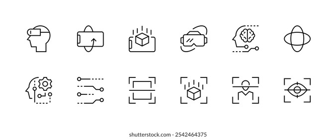 Symbolsatz für futuristische Technologie. Intelligente Technologie, virtuelle Realität, Robotik, Elektronik, Chipsatz, Simulation, Automatisierung und mehr. Bearbeitbarer Strich. Pixel perfekt. Gitterbasis 32px. 