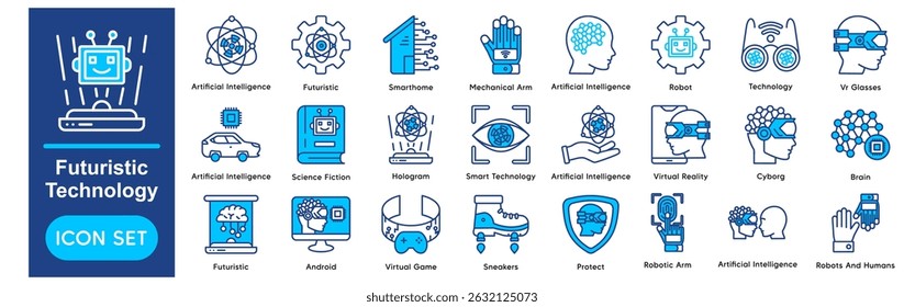 Futuristic Technology Icons Collection related to Artificial Intelligence, Futuristic, Smarthome, Mechanical Arm, Robot, Technology, Vr Glasses, Hologram.