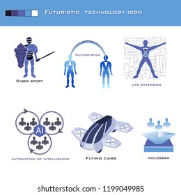 Futuristic technology icons set. Teleportation icon. Virtual reality. Life extension. Hybrid cars.  Artificial intelligence. Group intelligence. People hologram silhouettes.