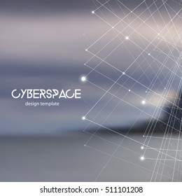 Futuristic technology illustration in front of blurry natural background with copy space.Cyberspace and network connection design template with glowing particles and repeating fractal lines.