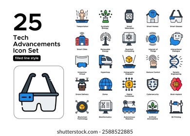 Futuristic Technology and Innovation. AI, Robotics, and Smart Devices. Vector Illustration. FIlled line icon set