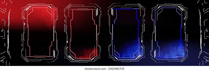 Futuristic technology interface with glowing frames in red and blue hues