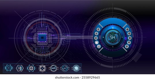 Futuristic technology interface showcasing a microchip and digital display with intricate patterns and connections.